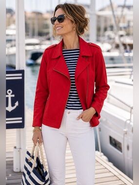 Caroline Belle Red Knit Zippered Motorcycle Jacket Size Large